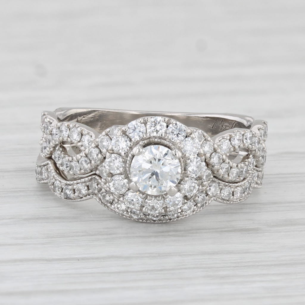 Light Gray Neil Lane 1.10ctw Diamond Halo Engagement Ring Wedding Band Bridal Set 14k Gold