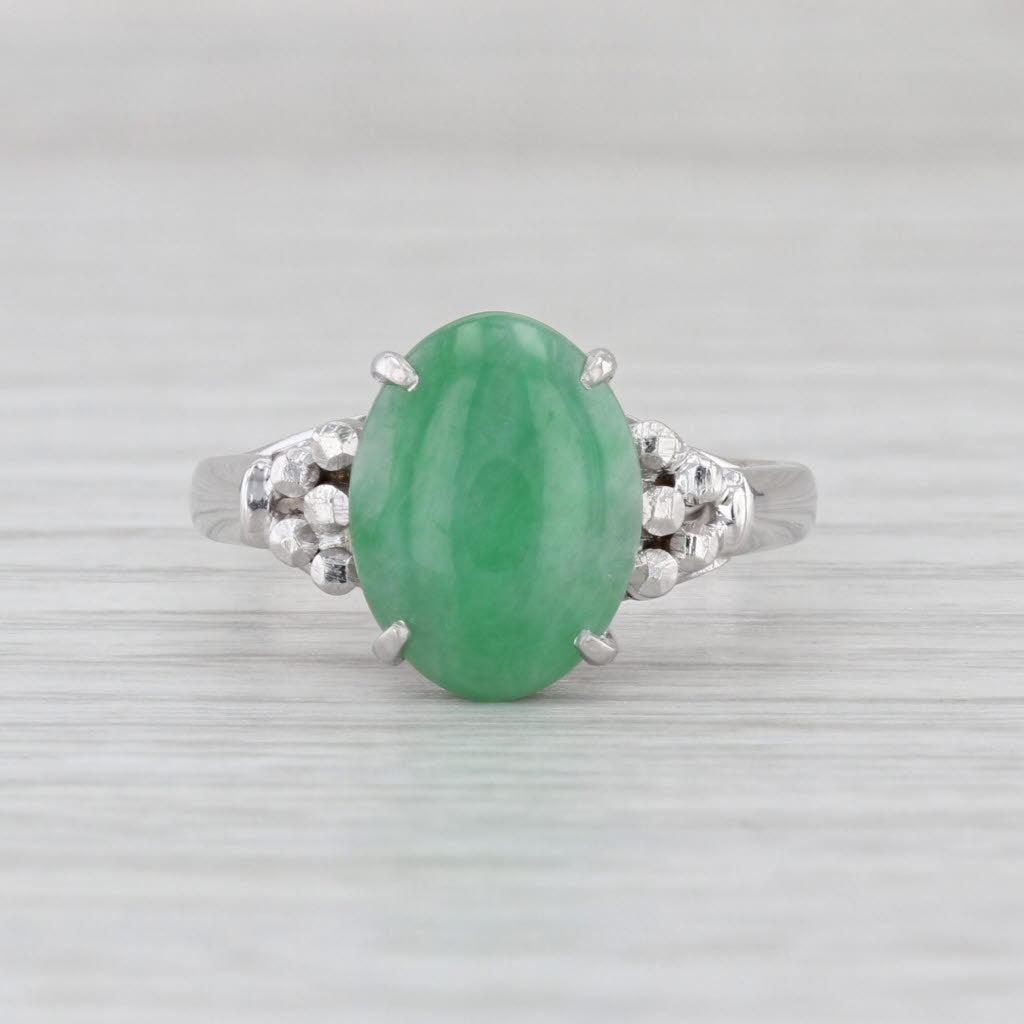Green Jadite Jadeite Jade Ring 14k White Gold Oval Cabochon Solitaire Size 7.5
