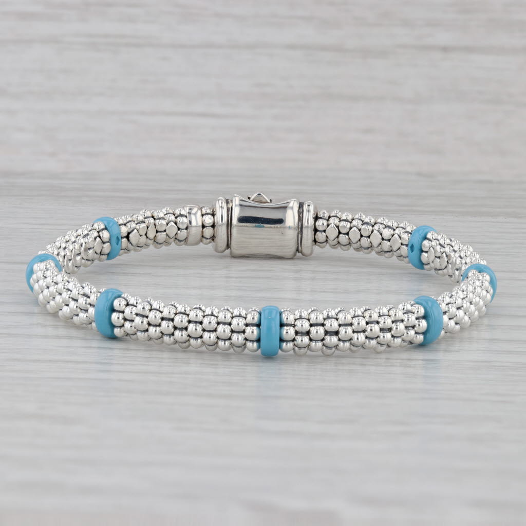 Gray New Lagos Blue Ceramic Station Caviar Bracelet Sterling Silver 6mm Medium Pouch