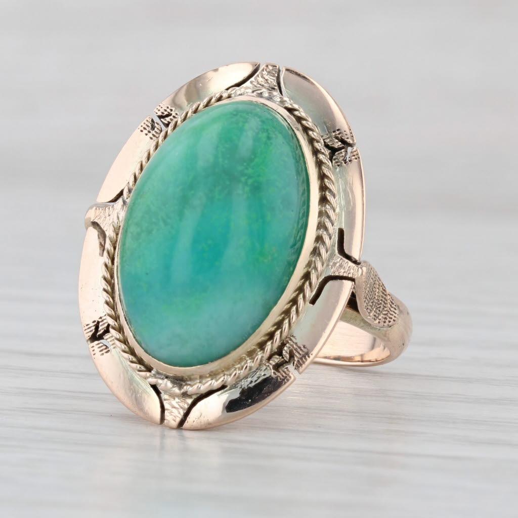 Vintage Oval Cabochon Aquaprase Chalcedony Solitaire Ring 10k Gold Size 6.5