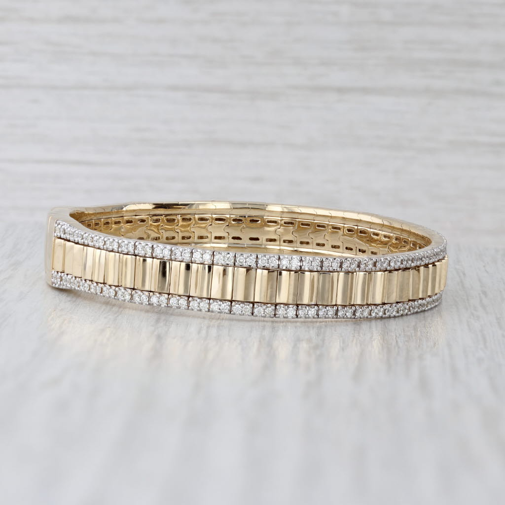 New 1ctw Diamond Beveled Flexible Bangle Bracelet 14k Yellow Gold 6.25" 7.8mm