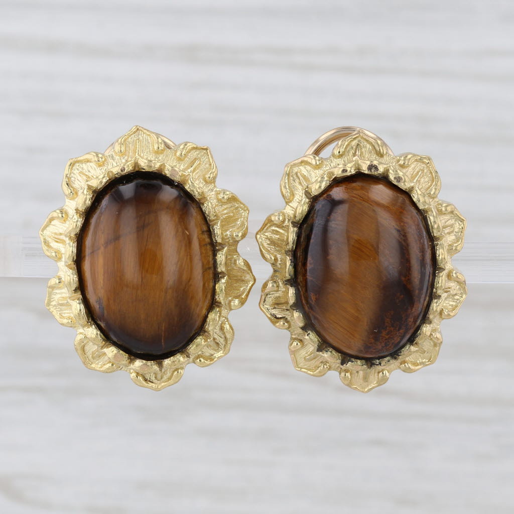 Vintage Tiger's Eye Cabochon Flower Statement Earrings 18k 14k Gold Omega Backs