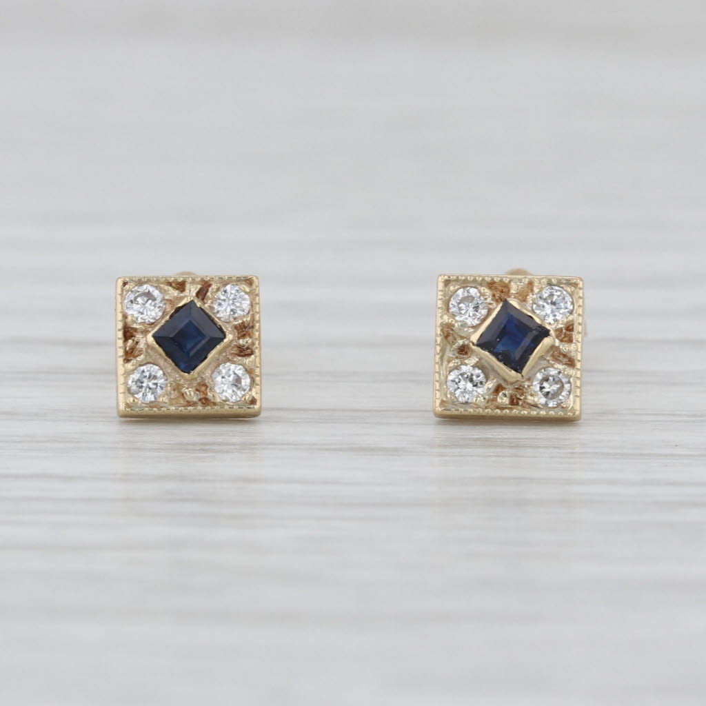 0.22ctw Blue Sapphire Diamond Stud Earrings 14k Yellow Gold Small Square Studs