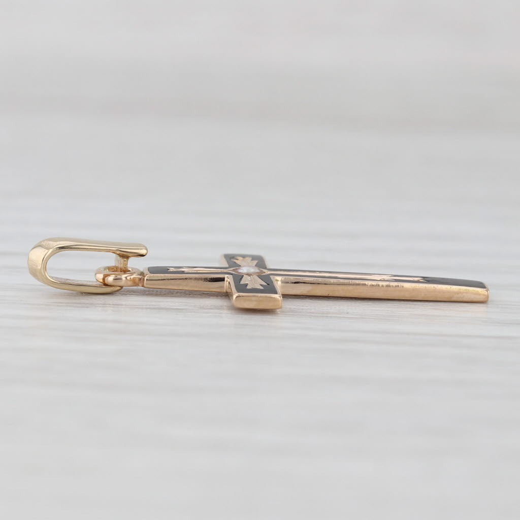 Light Gray Vintage Enamel Pearl Cross Pendant 14k Yellow Gold