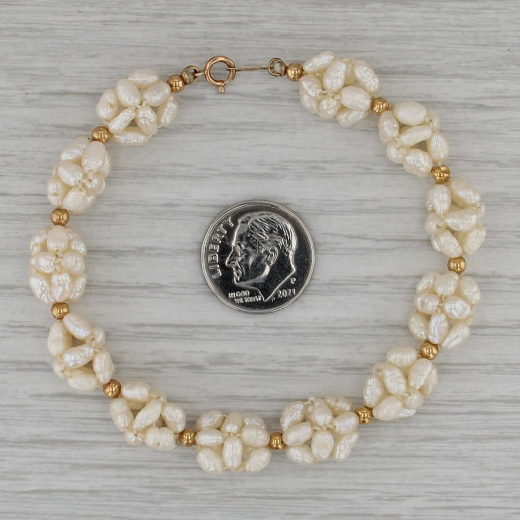 Cultured Freshwater Rice Krispie Pearl Clusters Strand Bracelet 14k Gold 7"