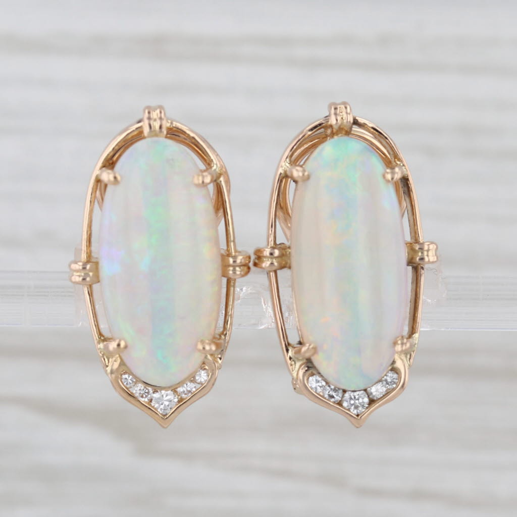 Opal Cabochon Diamond Earrings 14k Yellow Gold Omega Backs