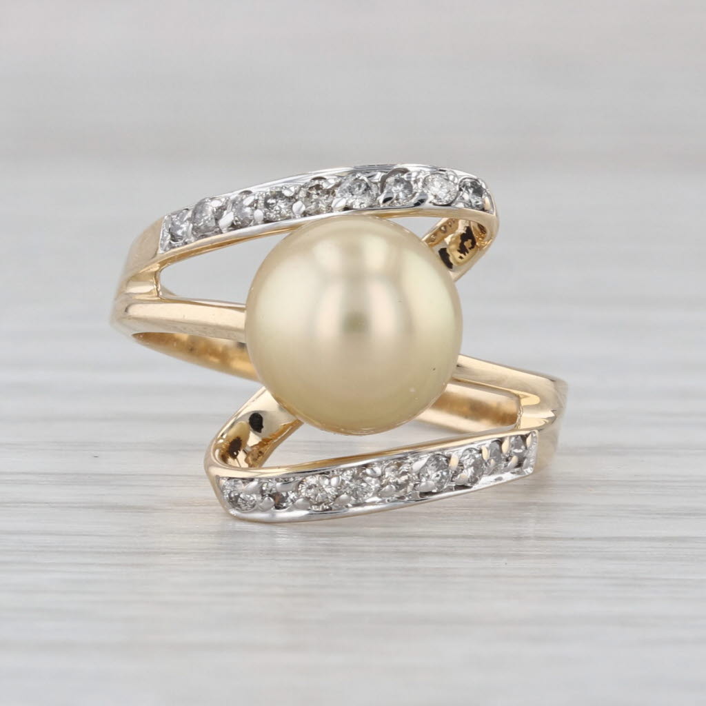 Golden Pearl 0.23ctw Diamond Bypass Ring 14k Yellow Gold Size 7