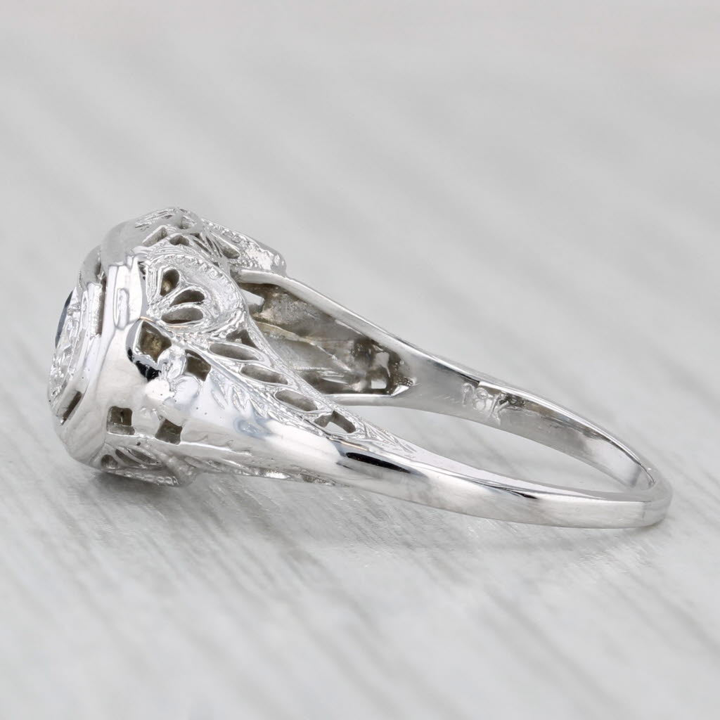 Light Gray Art Deco 0.31ctw Blue Sapphire Diamond Ring 18k White Gold Filigree Size 6