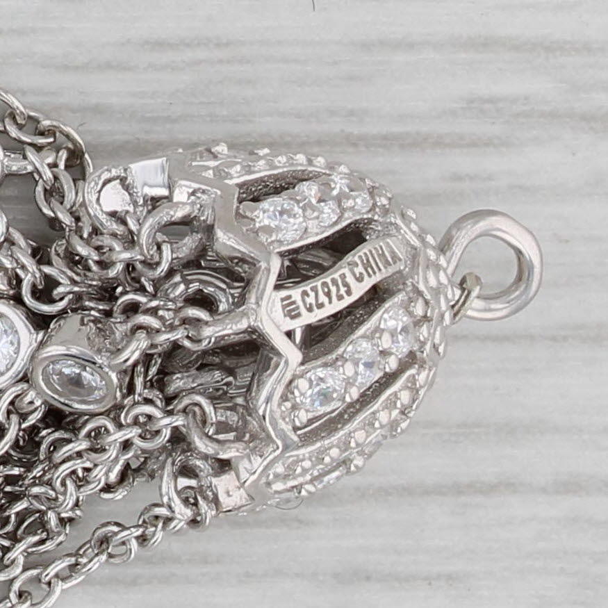 Gray Cubic Zirconia Flower Station Lariat Tassel Necklace Sterling Silver Adjustable