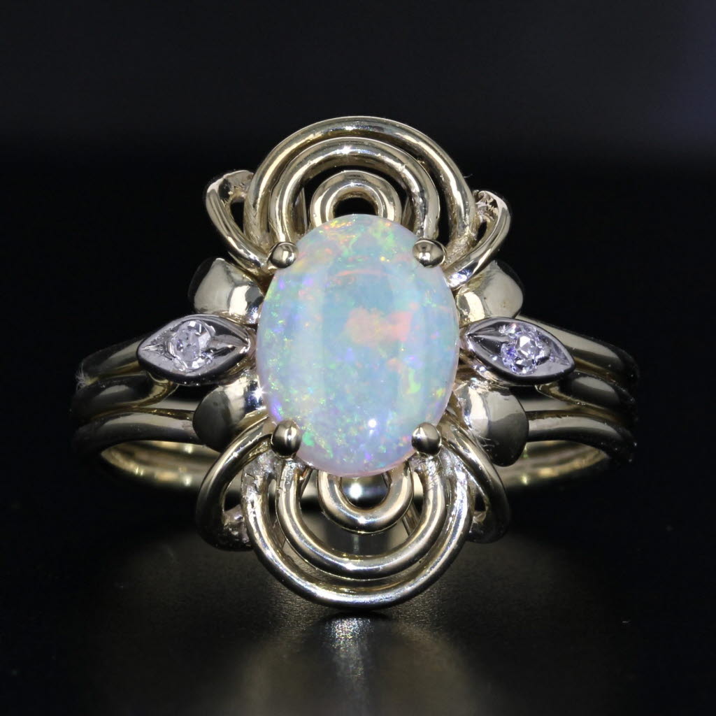 Gray Oval Opal Cabochon Diamond Ring 14k Yellow Gold Size 7