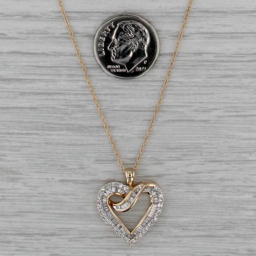 0.90ctw Diamond Open Heart Pendant 14k Yellow Gold 18" Rope Chain