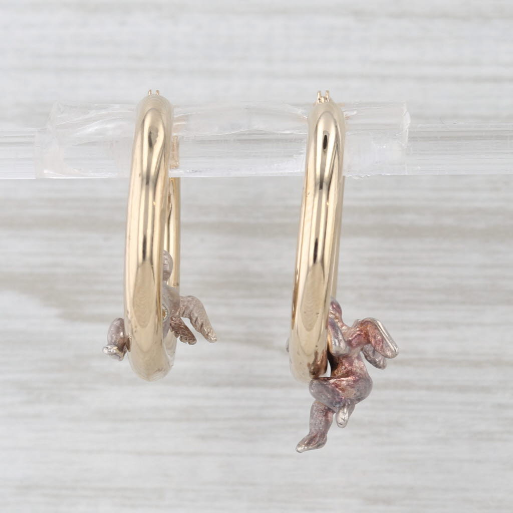 Cherub Hoop Earrings 14k Gold Sterling Silver Snap Top Round Hoops