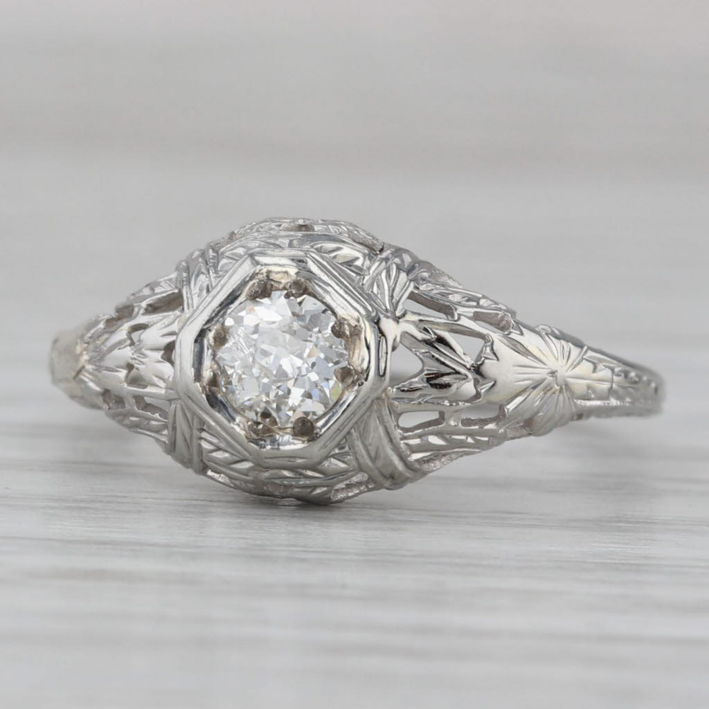 Gray Art Deco 0.33ct Diamond Engagement Ring 18k White Gold Size 6.5 Old European