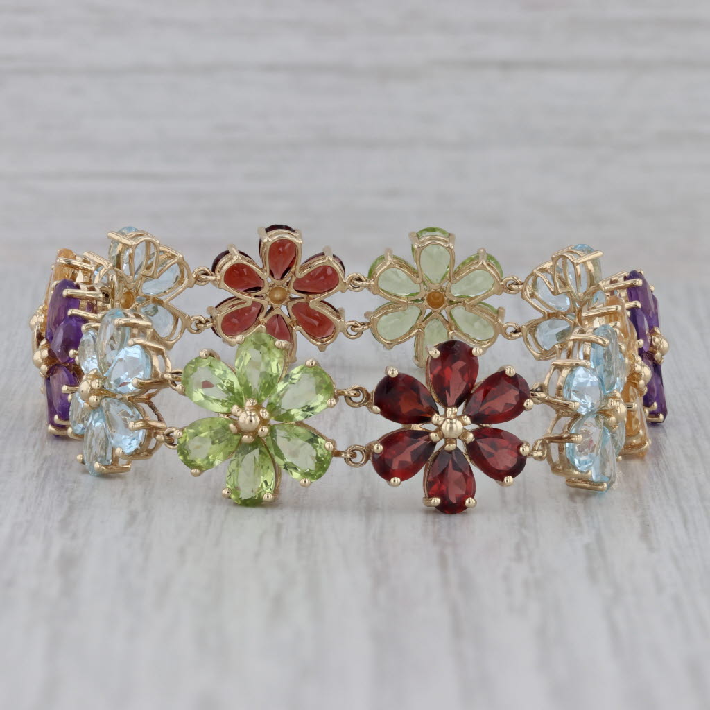 Dark Gray 28.20ctw Gemstone Flower Bracelet 10k Gold 7" Garnet Amethyst peridot Aquamarine