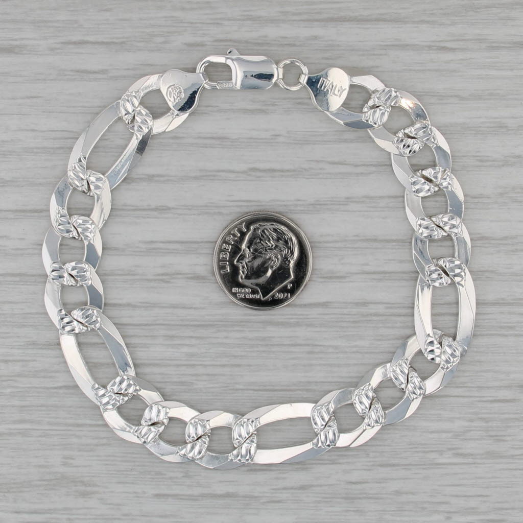 Sterling Silver Figaro Chain Bracelet Italian 8.25" 10.7mm