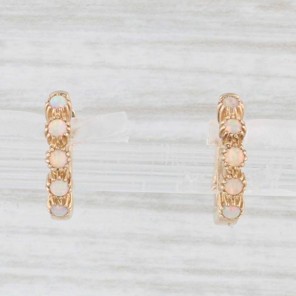 Light Gray New Opal Hoop Earrings 14k Yellow Gold Small Huggie Hoops