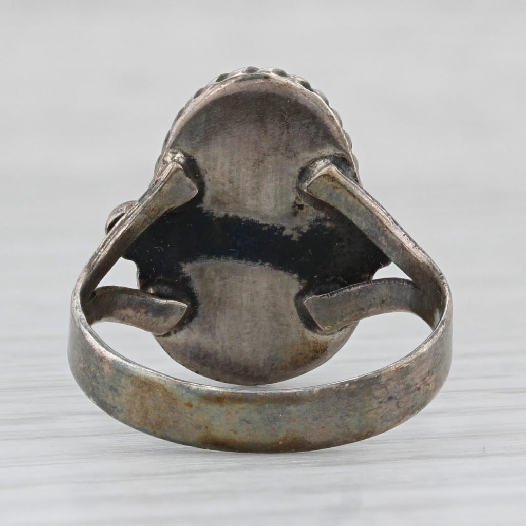 Light Gray Fire Agate Pear Cabochon Ring Sterling Silver Vintage Native American Size 8.5