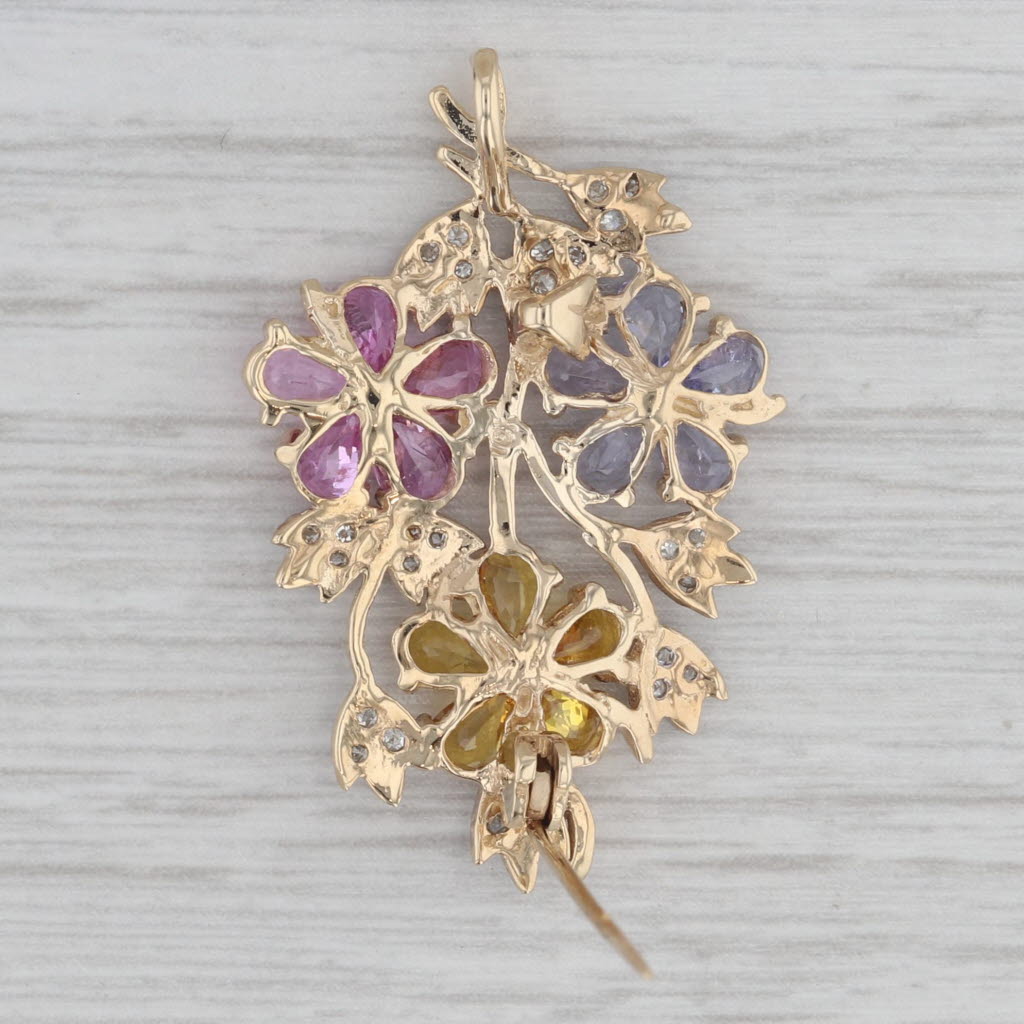 Gray 3.31ctw Sapphire Tanzanite Diamond Flower Brooch Pendant 10k Yellow Gold
