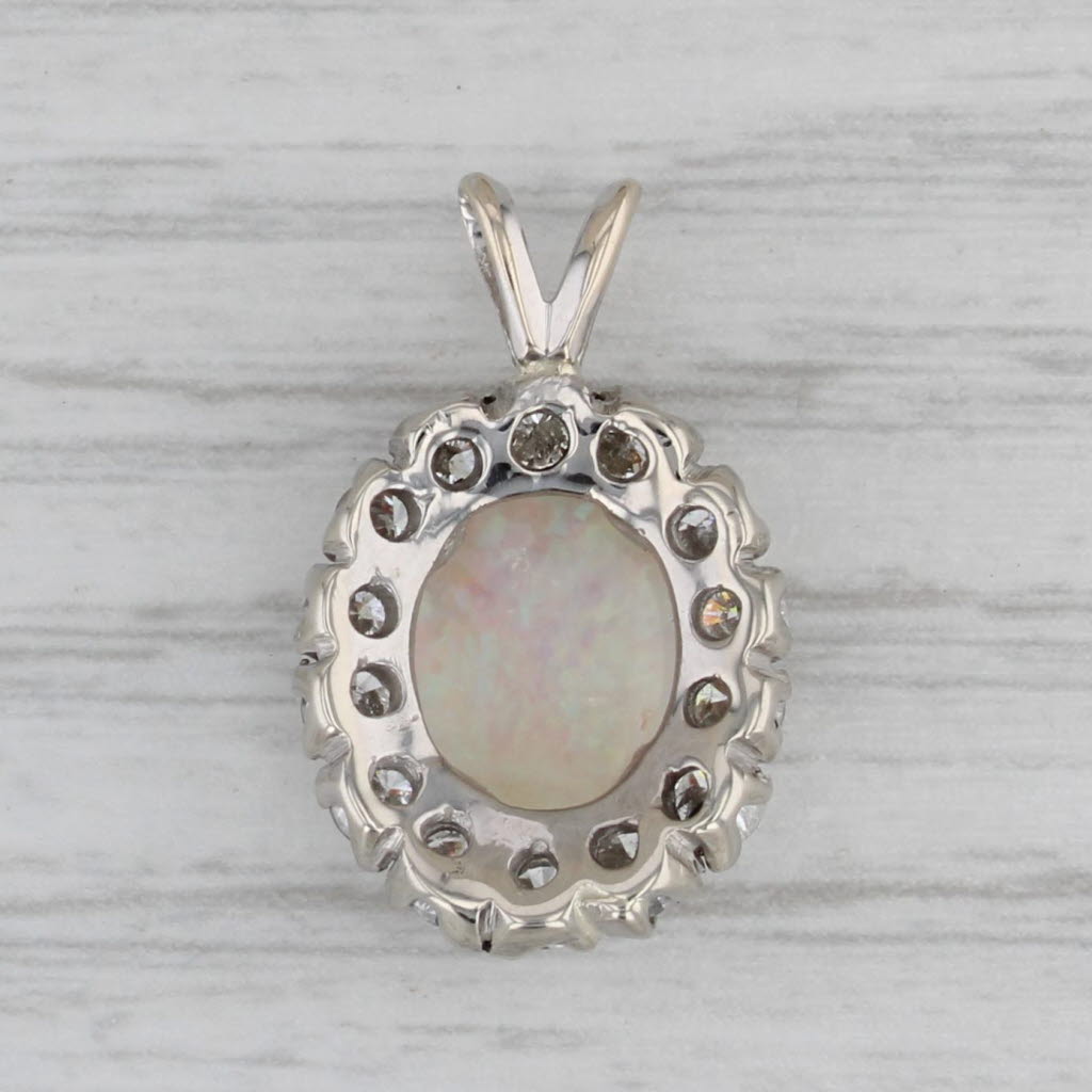 Gray Opal 0.85ctw Diamond Halo Pendant 14k White Gold Oval Cabochon Drop