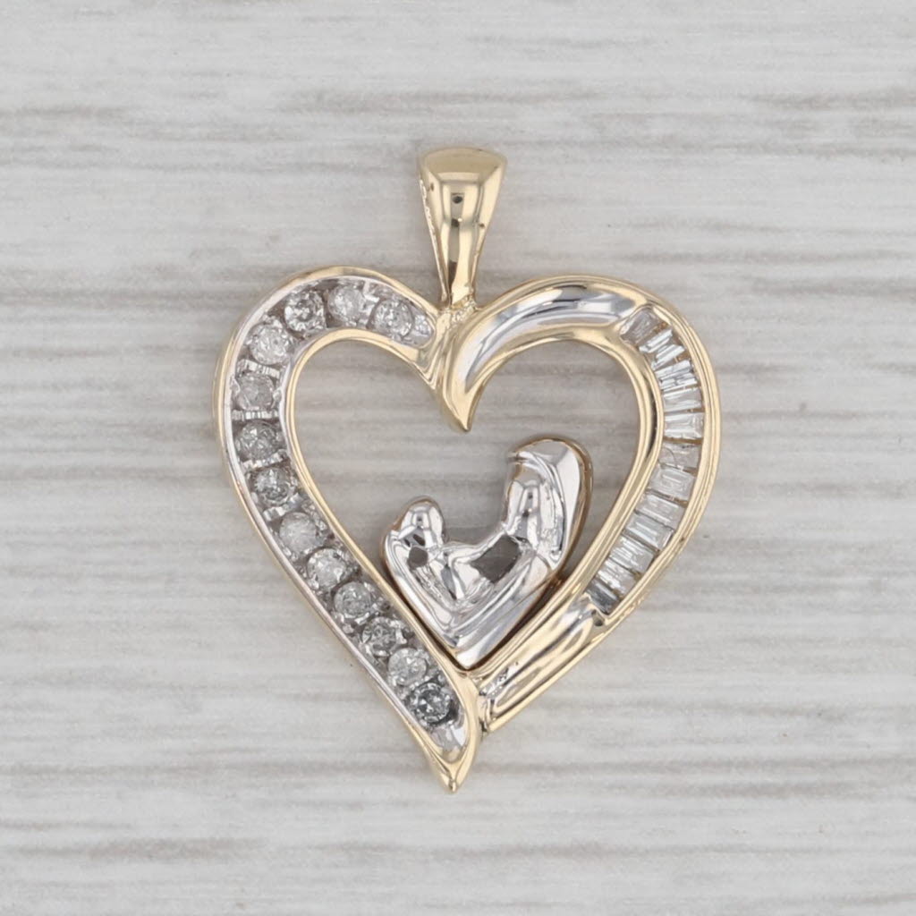 Gray 0.20ctw Diamond Mother Child Open Heart Pendant 10k Yellow White Gold