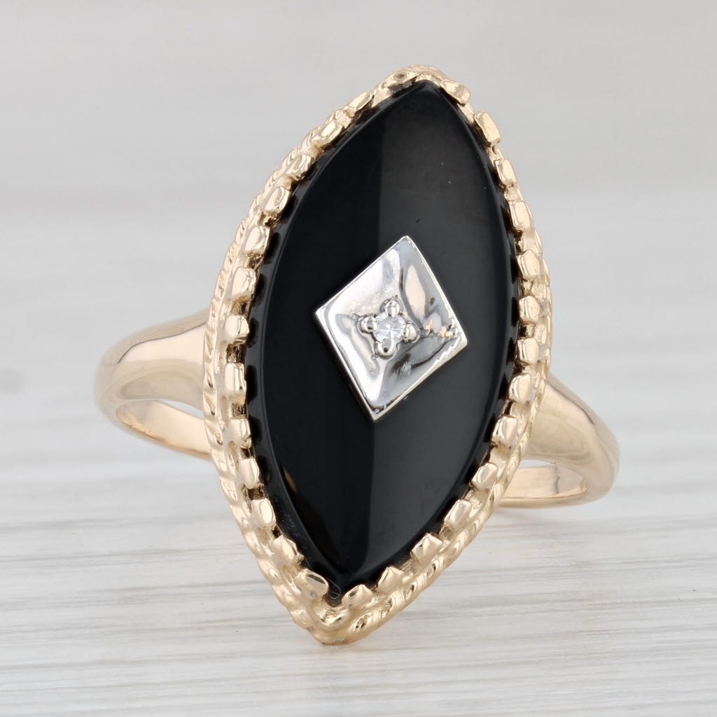 Light Gray Marquise Onyx Diamond Signet Ring 14k Yellow Gold Size 8.5