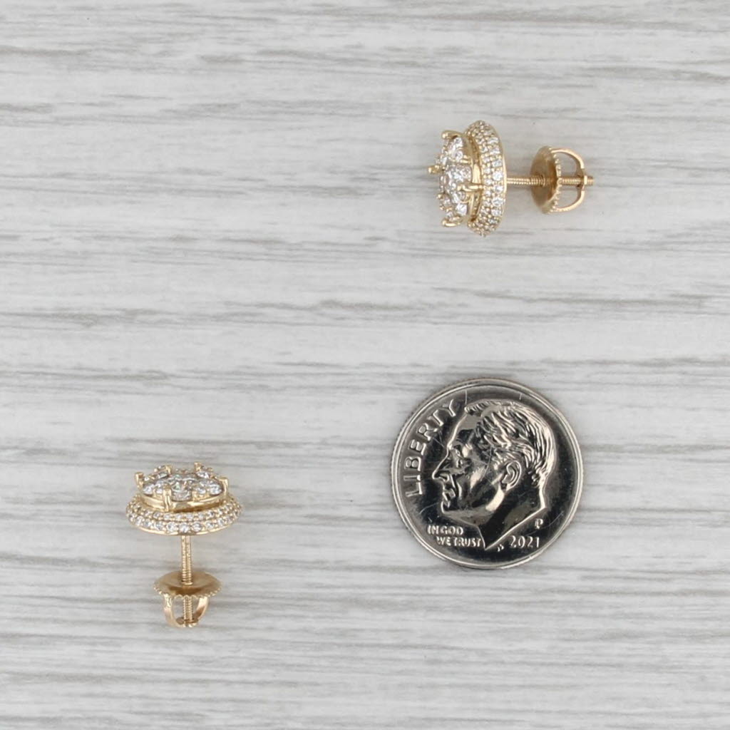 1ctw Diamond Cluster Halo Stud Earrings 14k Yellow Gold Screw Back Studs
