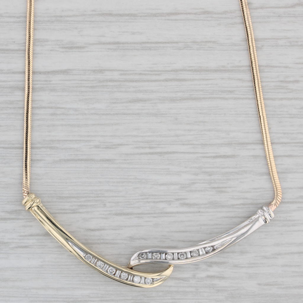Gray 0.18ctw Diamond Bypass Stationary Necklace 10k Gold 16.5" Herringbone Chain
