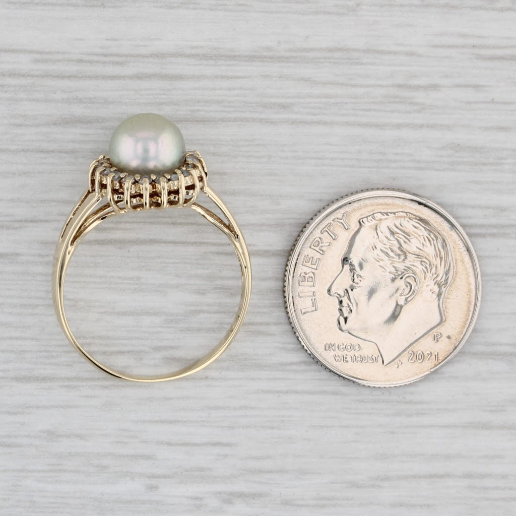 Gray Cultured Pearl Diamond Halo Ring 14k Yellow Gold Size 5.5