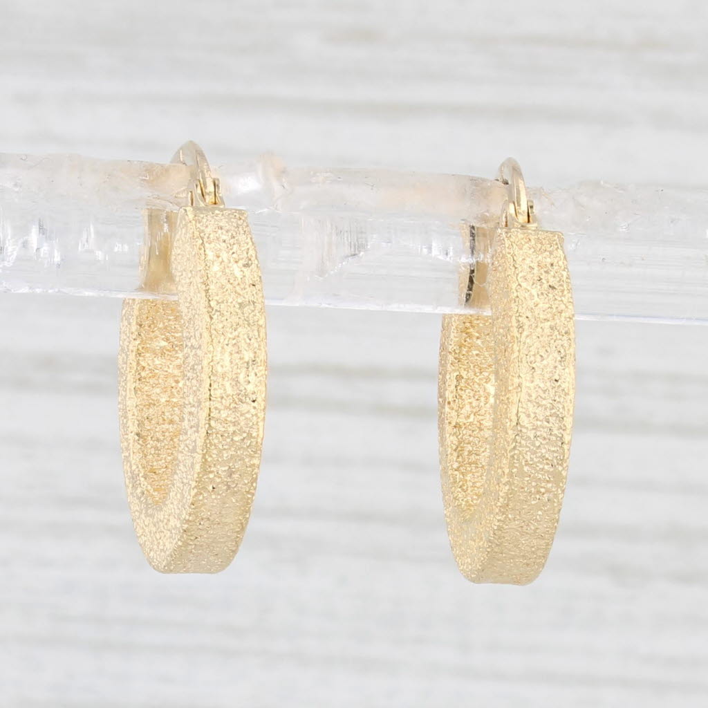 Light Gray Shimmering Brushed Hoop Earrings 14k Yellow Gold Round Hoops Snap Top