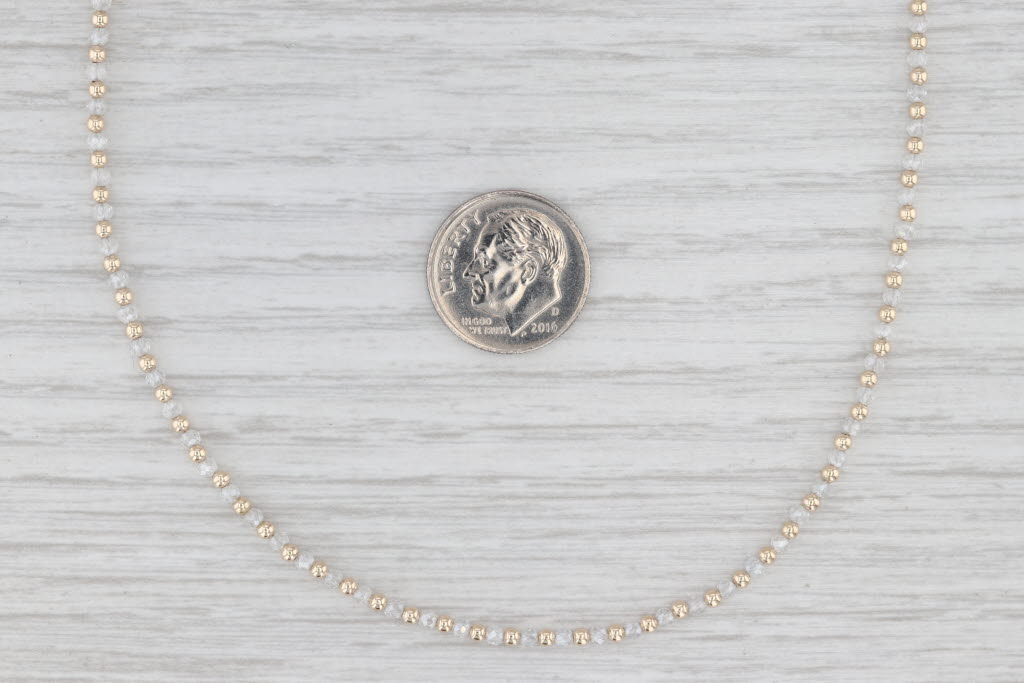 White Topaz Bead Single Strand Necklace 14k Yellow Gold 16" 2mm