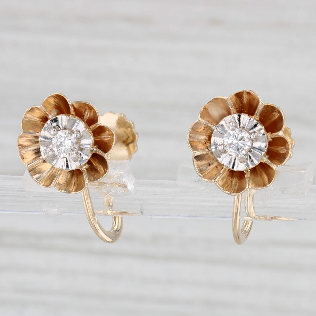 Light Gray 0.16ctw Diamond Flower Drop Earrings 14k Yellow Gold Non Pierced Screw Backs