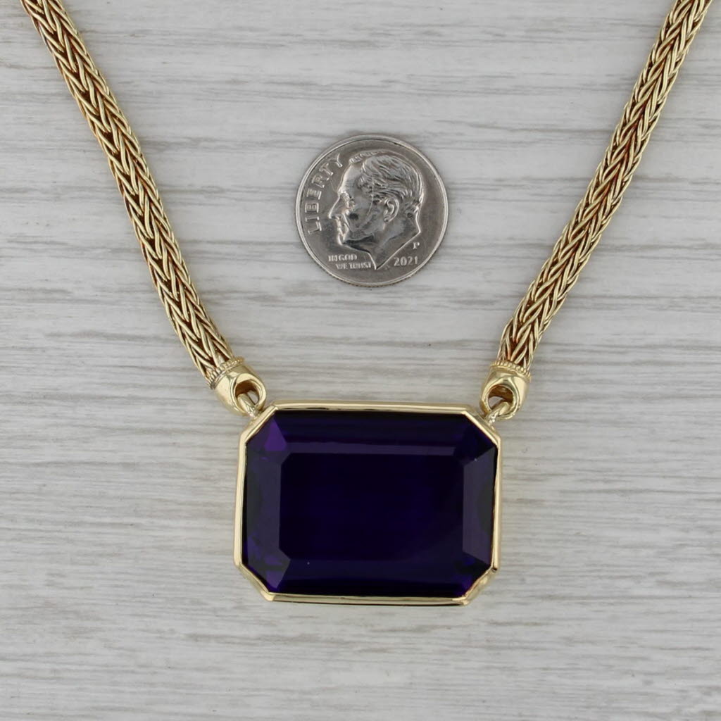 46.40ct Large Amethyst Pendant Necklace 18k Yellow Gold 19" Wheat Chain