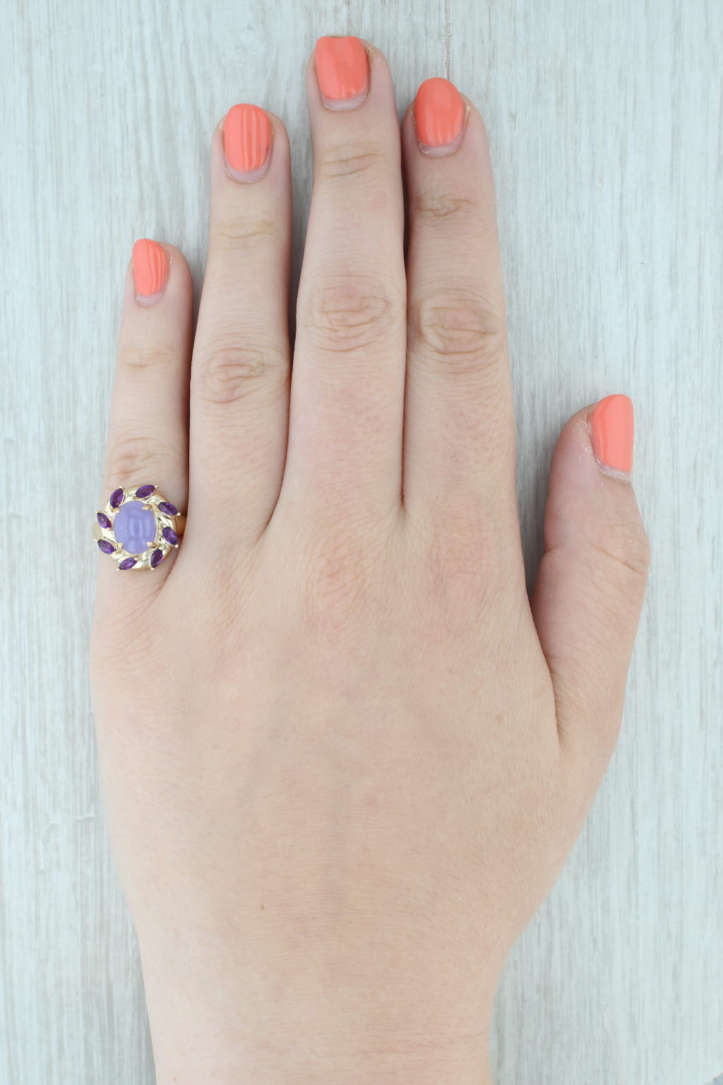 Gray Lavender Jadeite Jade Amethyst Ring 14k Yellow Gold Size 6.25 Oval Cabochon