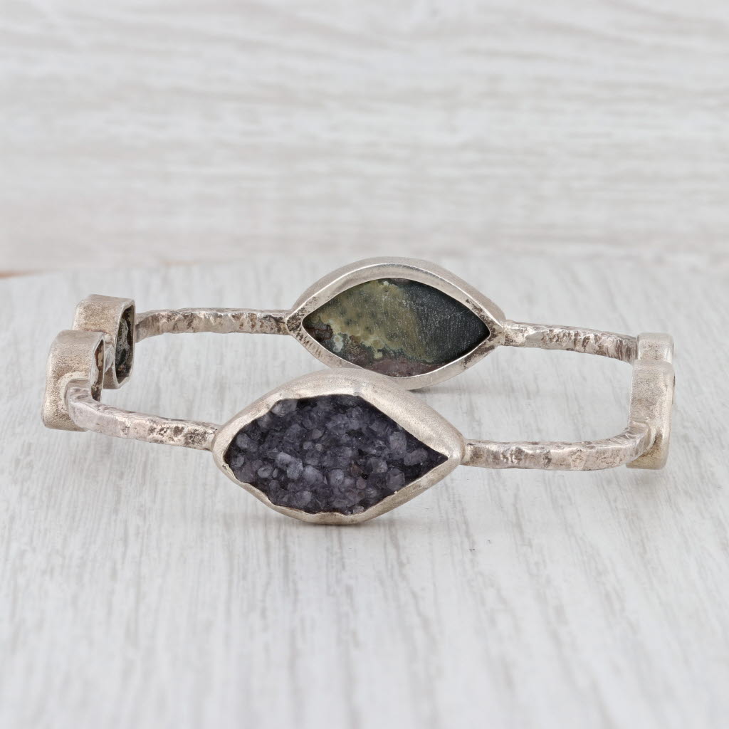 New Nina Wynn Druzy Amethyst Agate Geode Bangle Bracelet Sterling Silver