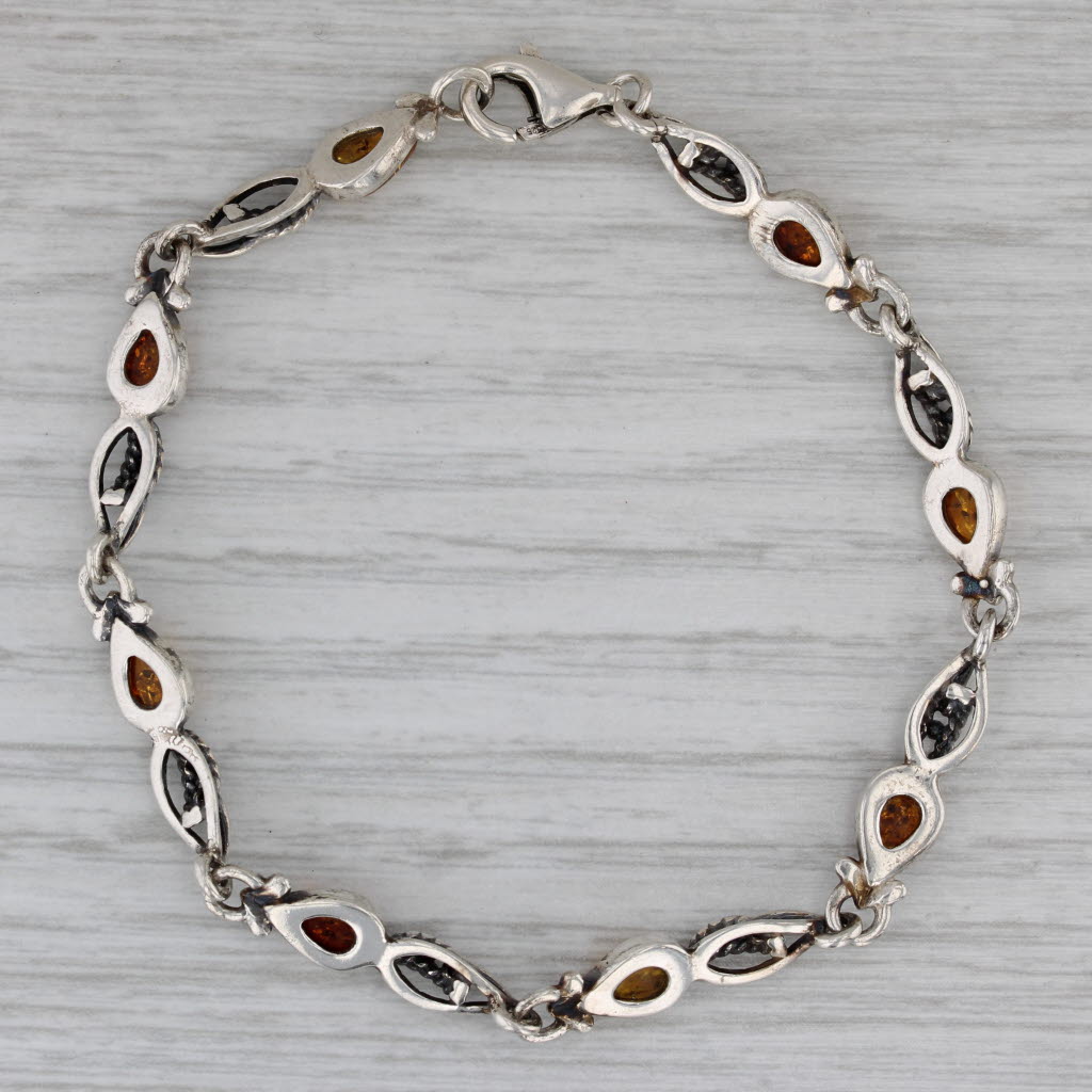 Gray Vintage Amber Bracelet Sterling Silver Pear Cabochons 7" 4.4mm
