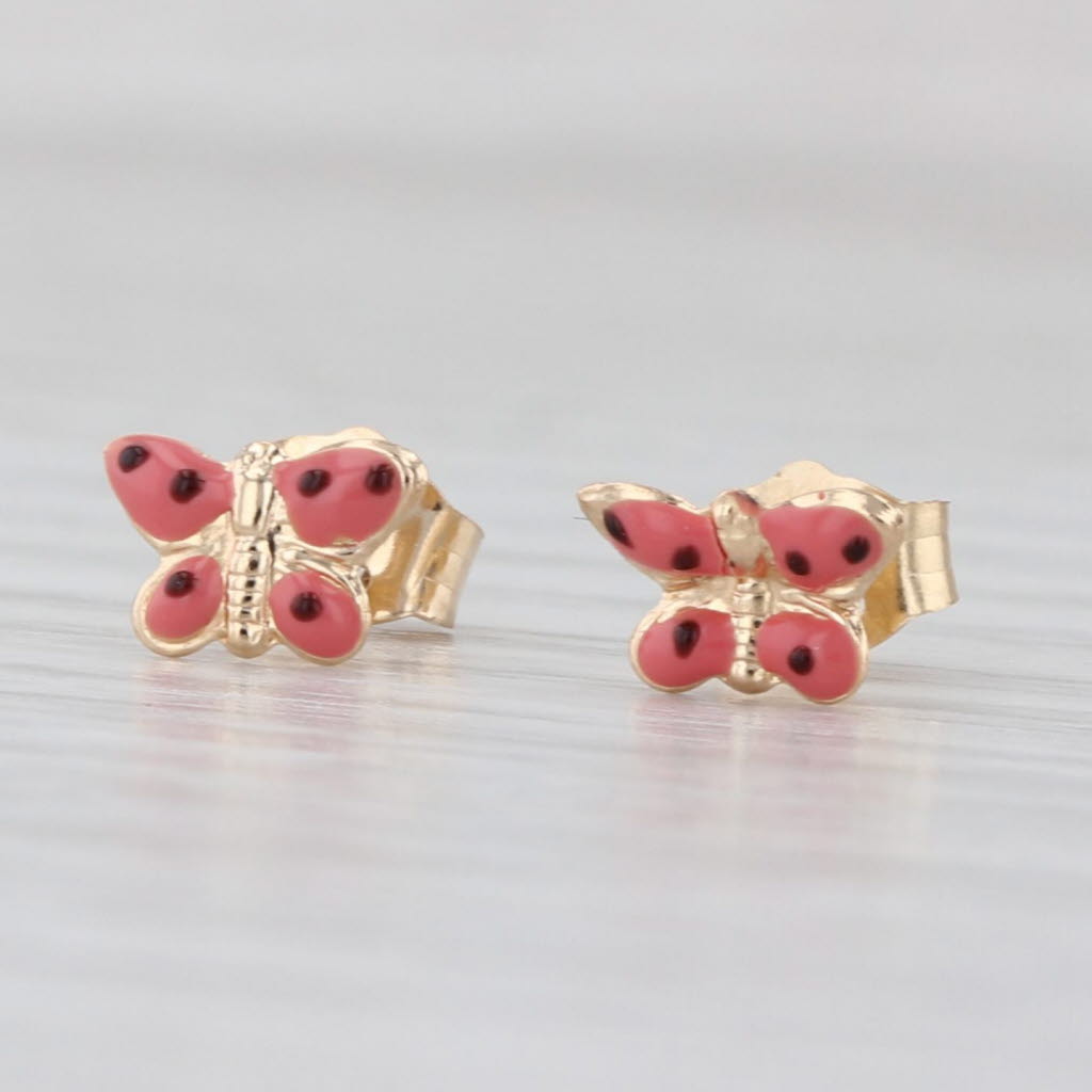Little Butterfly Stud Earrings 14k Yellow Gold Pink Black Enamel Studs