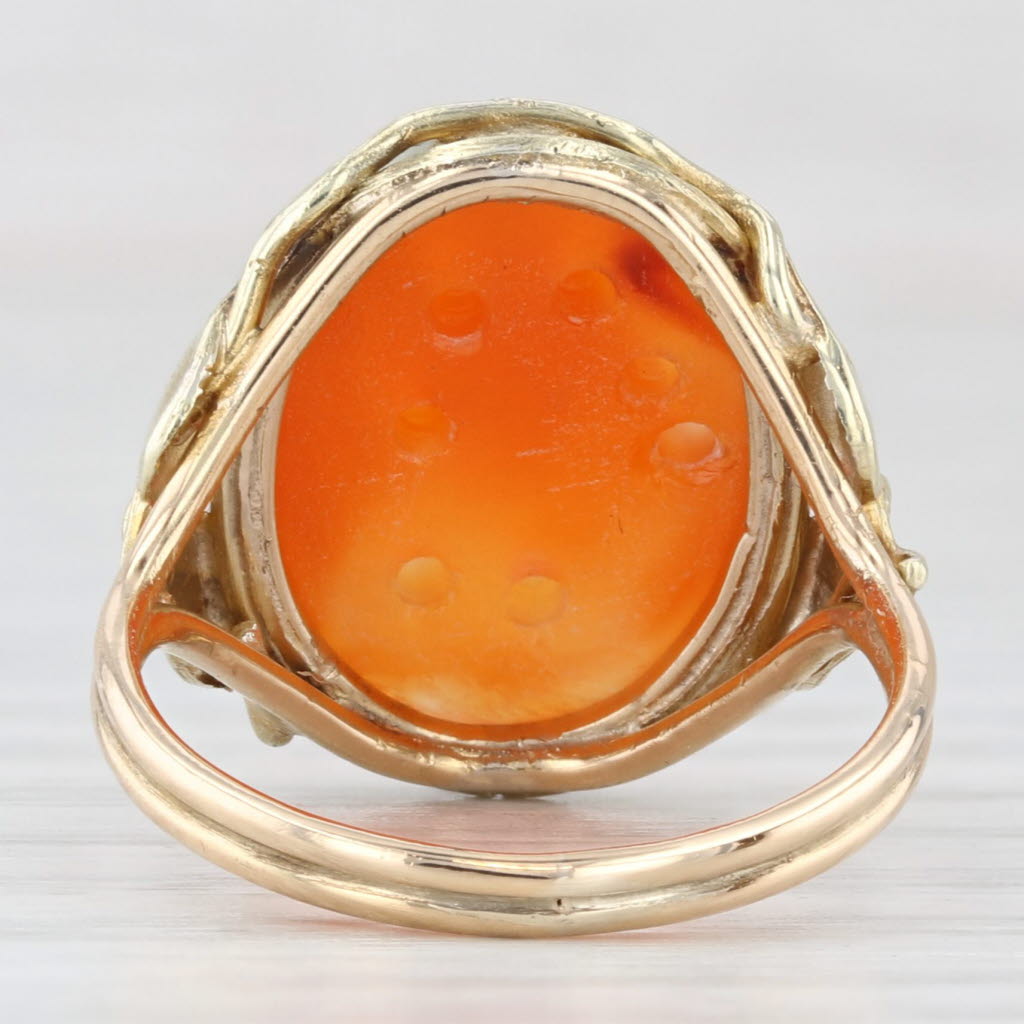 Chocolate Vintage Carved Carnelian Dragon Ring 14k Yellow Gold Leaf Accents Size 6