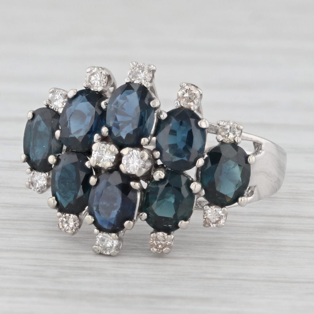Light Gray 4.25ctw Blue Sapphire Diamond Cluster Ring 14k White Gold Size 8 Cocktail