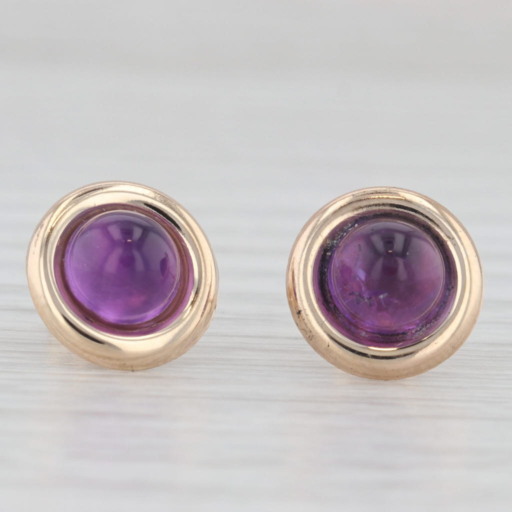 Light Gray Amethyst Round Cabochon Solitaire Stud Earrings 14k Yellow Gold