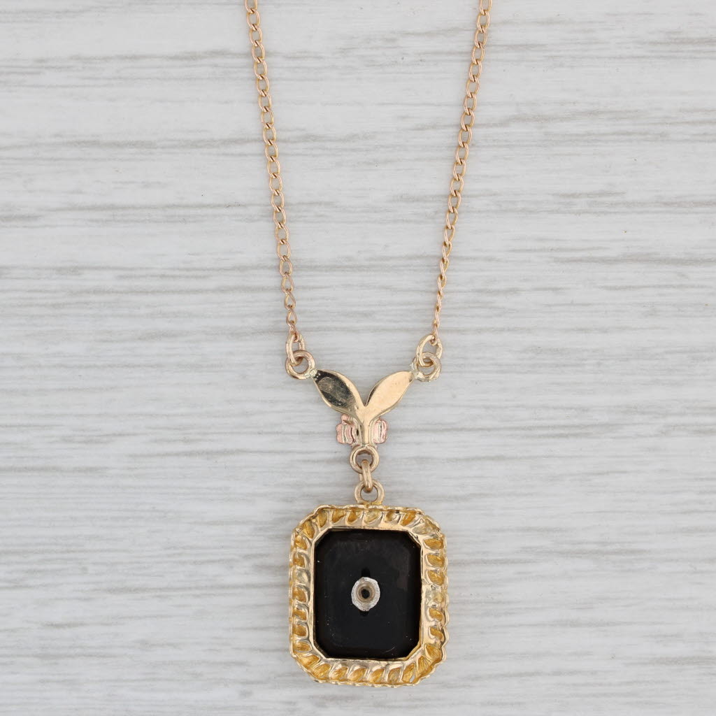 Light Gray Vintage Onyx Diamond Floral Pendant Necklace 10k Yellow Gold 16.5" Curb Chain