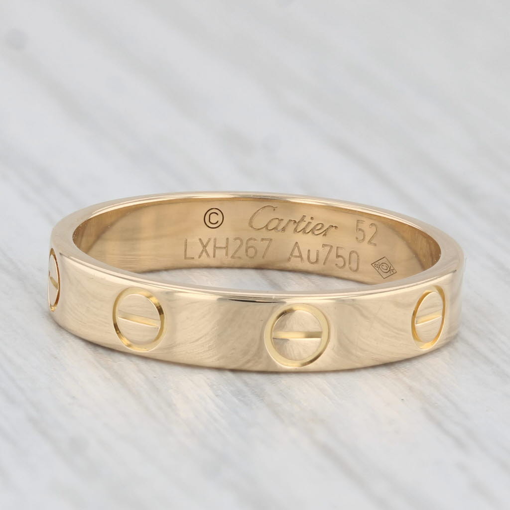 Light Gray Cartier Mini Narrow Love Ring 18k Yellow Gold Circles Band Box Papers Size 52 6
