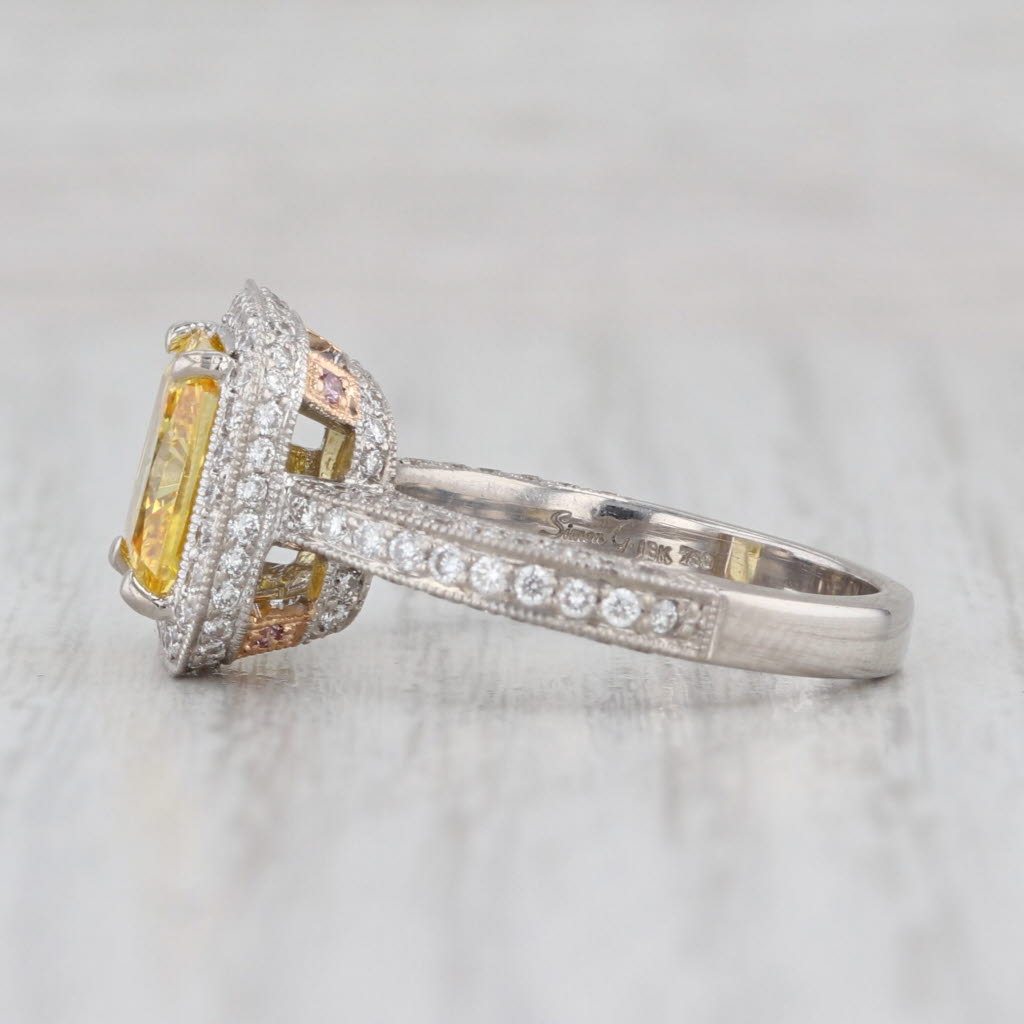Simon G 5.42ctw Yellow Princess Cubic Zirconia Halo Ring 18k White Gold Size 5.5