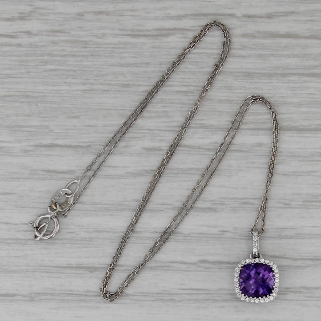 1.47ctw Amethyst Diamond Halo Pendant Necklace 18k White Gold 16.25" Cable Chain
