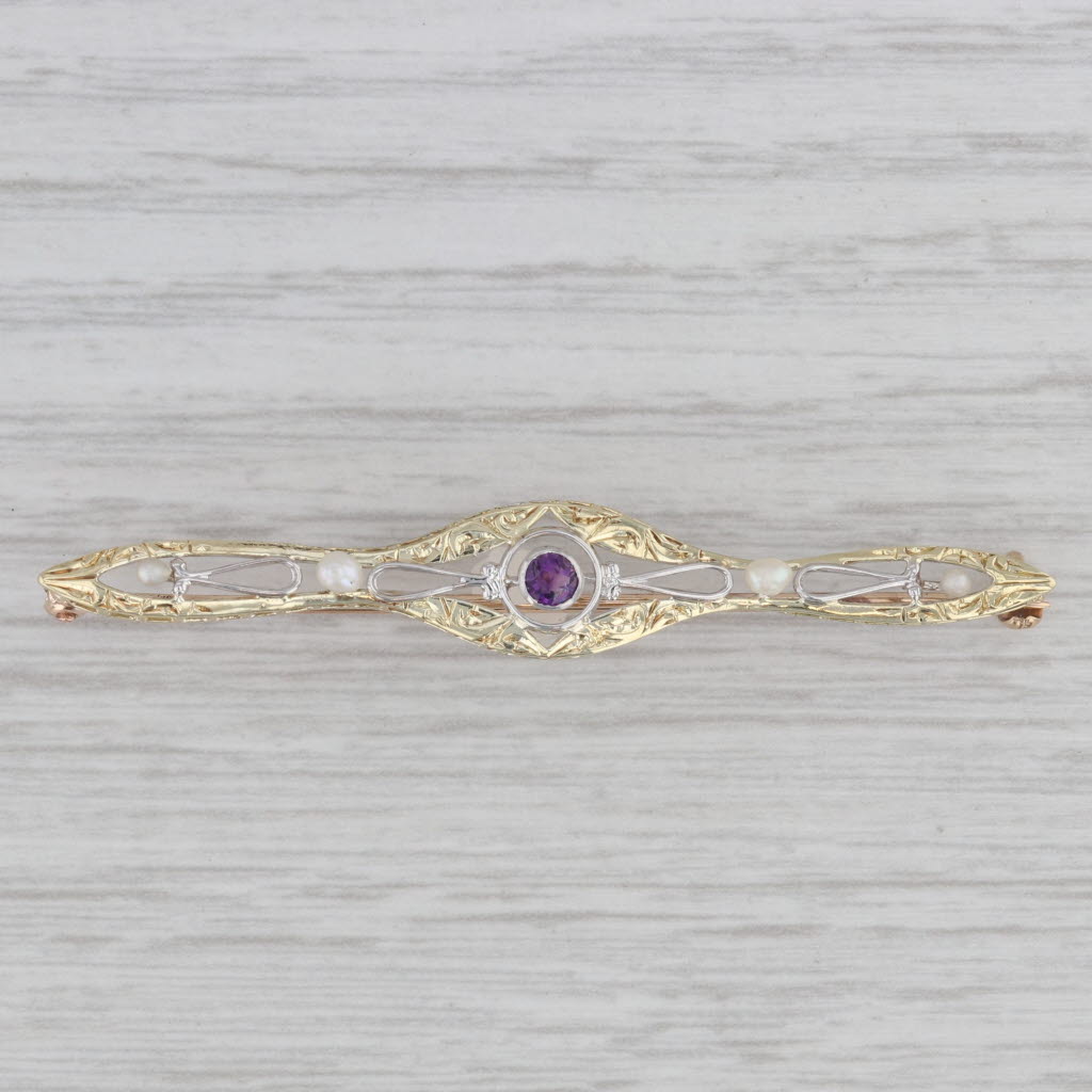 Gray Vintage Seed Pearl 0.10ct Amethyst Ornate Bar Pin 14k Gold Brooch