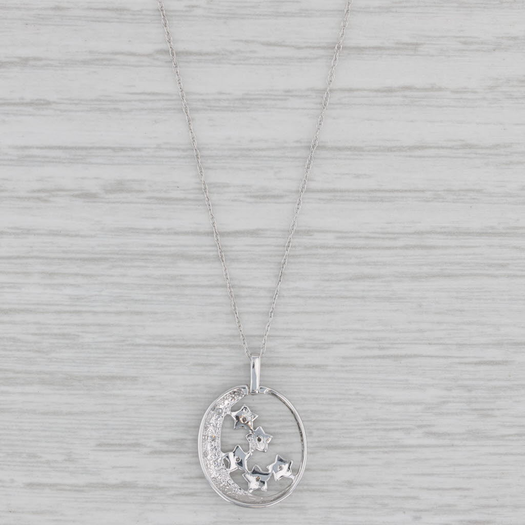 Gray Diamond Crescent Moon Stars Pendant Necklace 10k White Gold 18.5" Rope Chain
