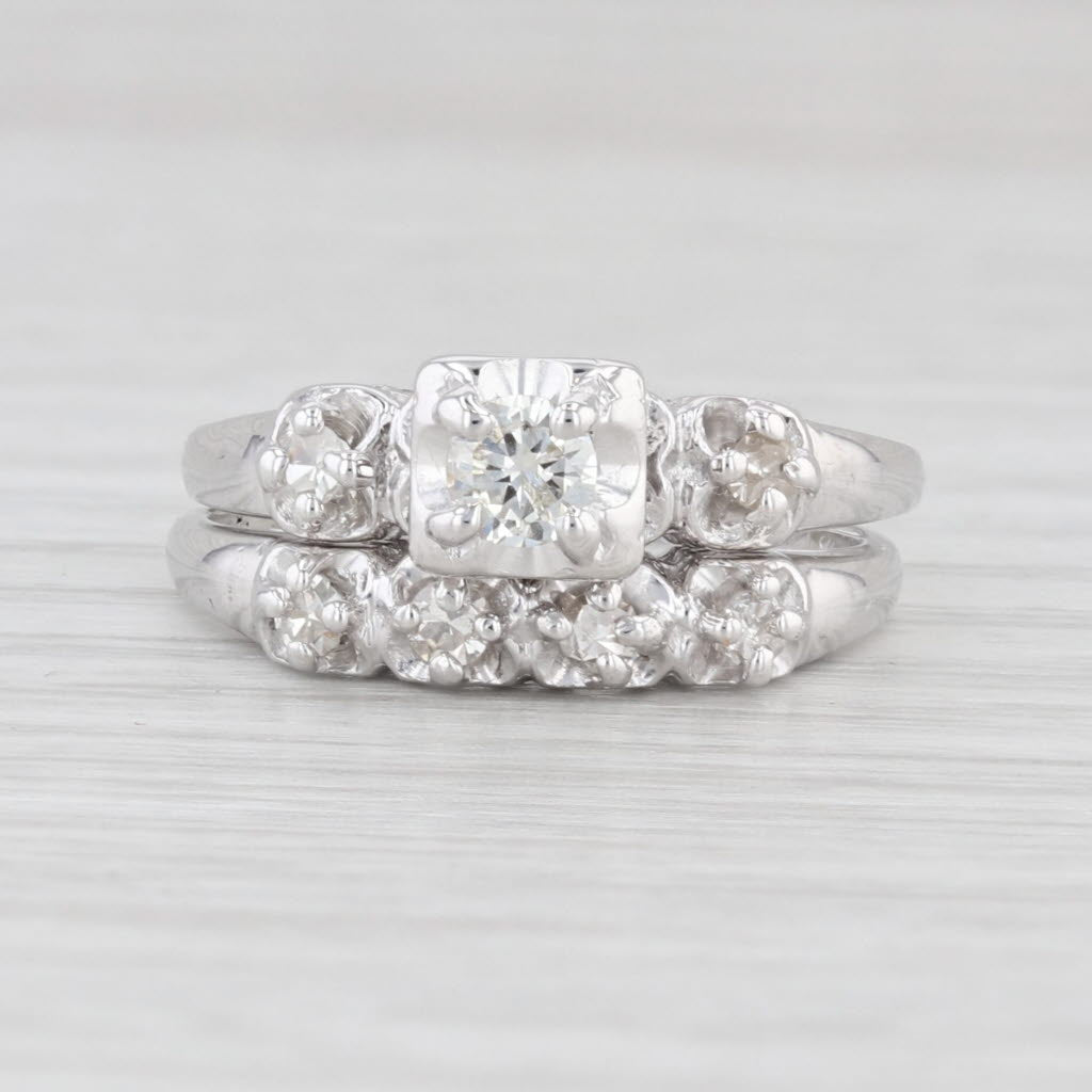 Light Gray Vintage 0.44ctw Diamond Engagement Ring Wedding Band Bridal Set 14k White Gold