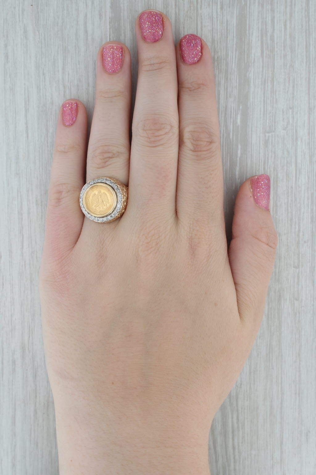 Dark Gray 1945 Dos Pesos Mexican Coin Ring 14k Yellow Gold Nugget Band Size 9.75