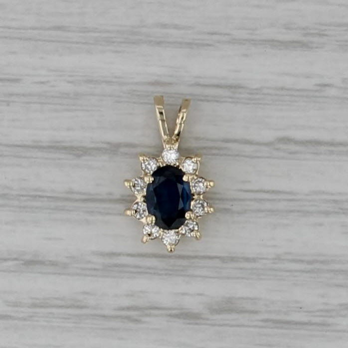 0.87ctw Oval Blue Sapphire Diamond Halo Pendant 14k Yellow Gold Small Drop