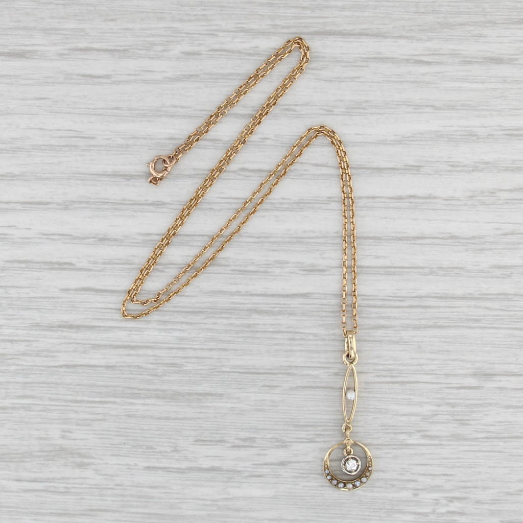 Vintage Pearl Diamond Lariat Pendant Necklace 14k Gold 15.75" Cable Chain