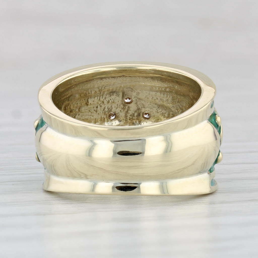 Light Gray Diamond Green Enamel Flower Ring 14k Yellow Gold Size 6.5 Floral Statement Band